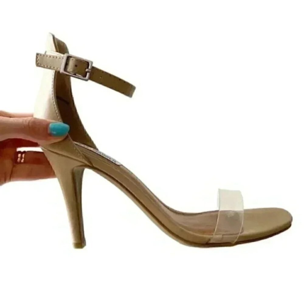 Steve Madden Nude Translucent Vinyl High Heel Ankle Strap Minimalist Sandals 9 - Picture 15 of 15